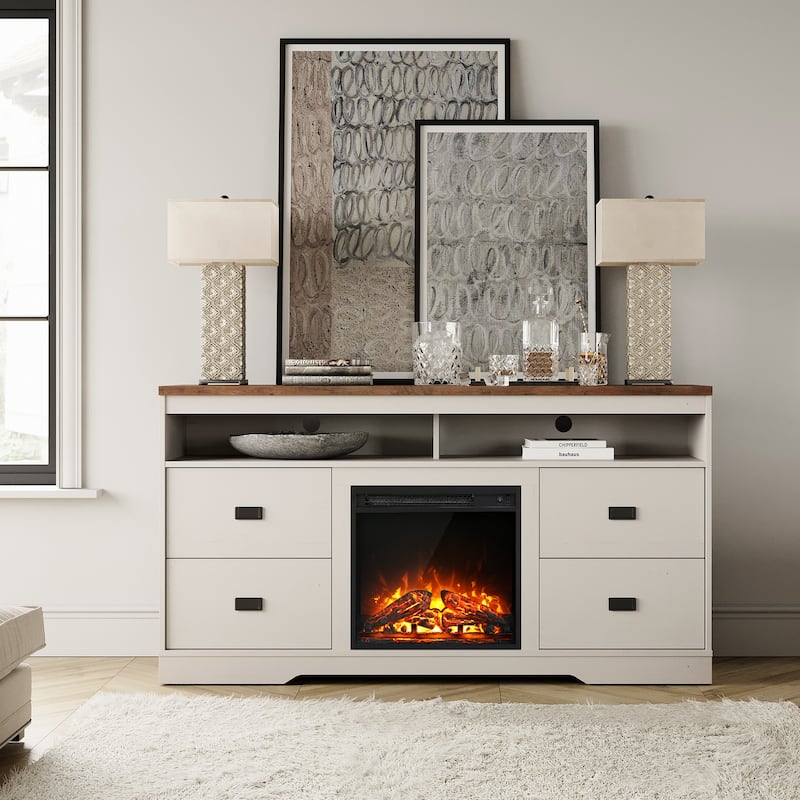 Farmhouse Sideboard Buffet Cabinet with Fireplace,59” - 59 inch - Antique White