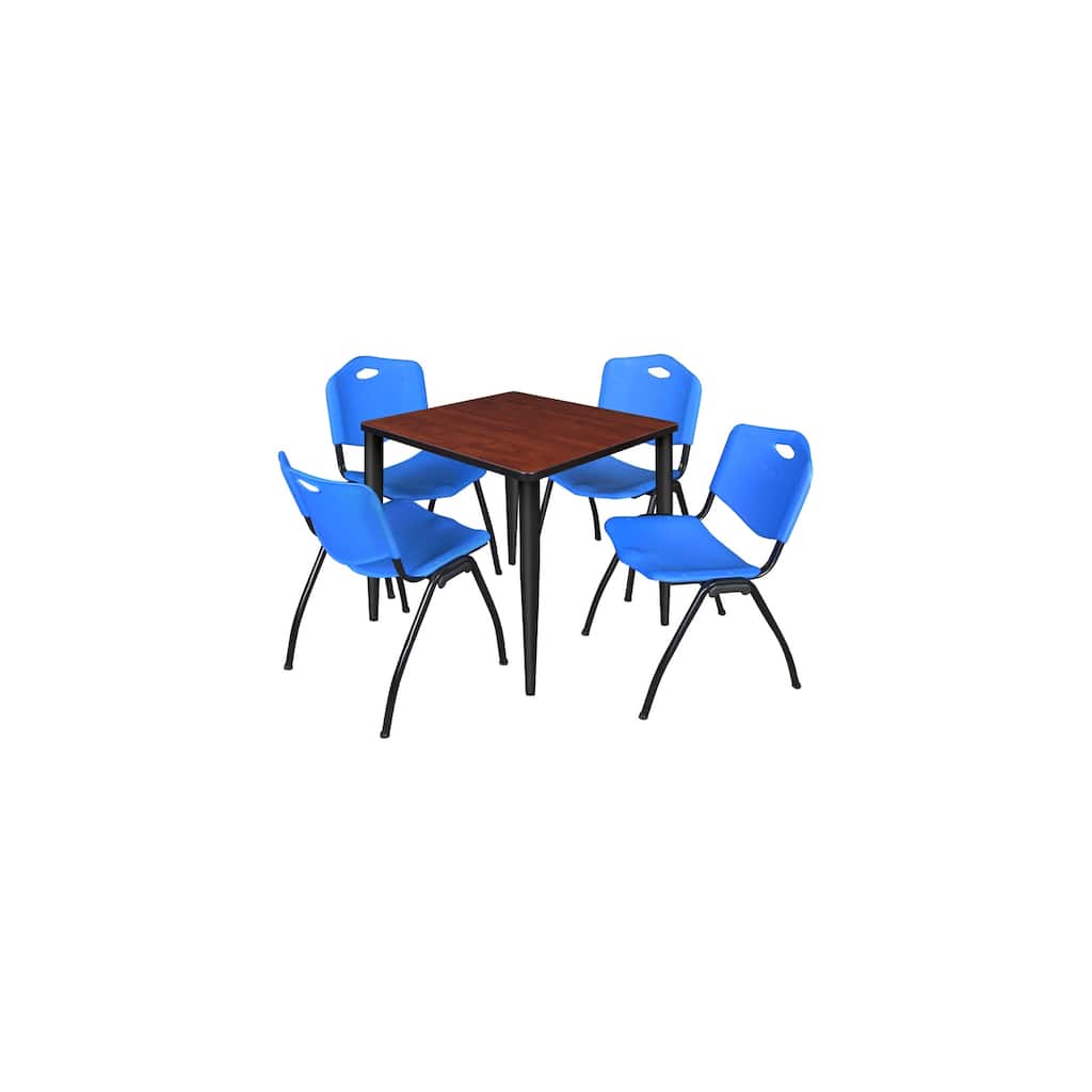 30 in. Square Breakroom Table- Cherry Top, Black Base & 4 M Stack Chairs- Blue