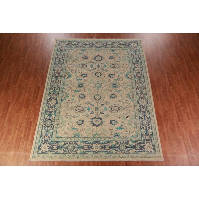 Geometric Vegetable Dye Floral Oushak Turkish Rug Handmade Wool Carpet - 9'4"x 12'2"