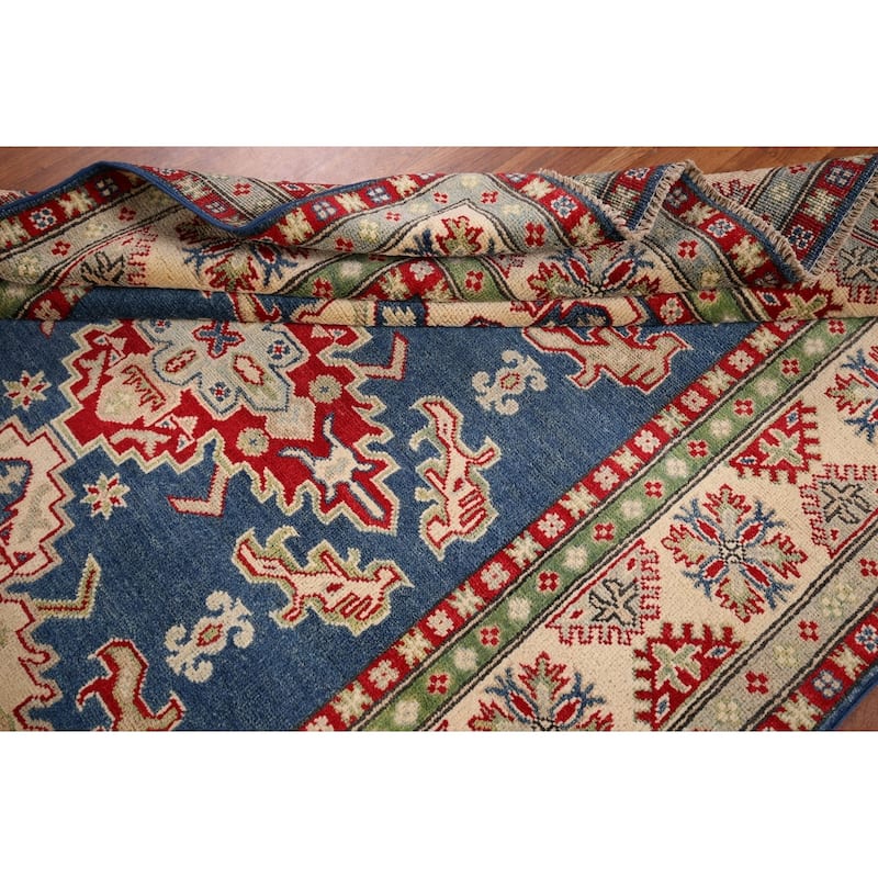 Blue Geometric Kazak Area Rug Hand-Knotted Geometric Wool Carpet - 5'0" x 6'8"