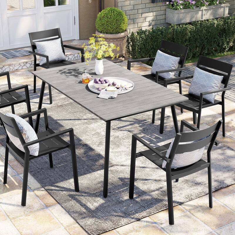 Outdoor 7-piece Patio Dining Set with Stackable Dining Chairs - Grey - with armrest