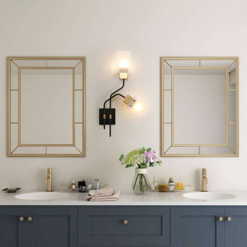 Modern Black Gold 2-Light Wall Sconce with Frosted Glass Shades