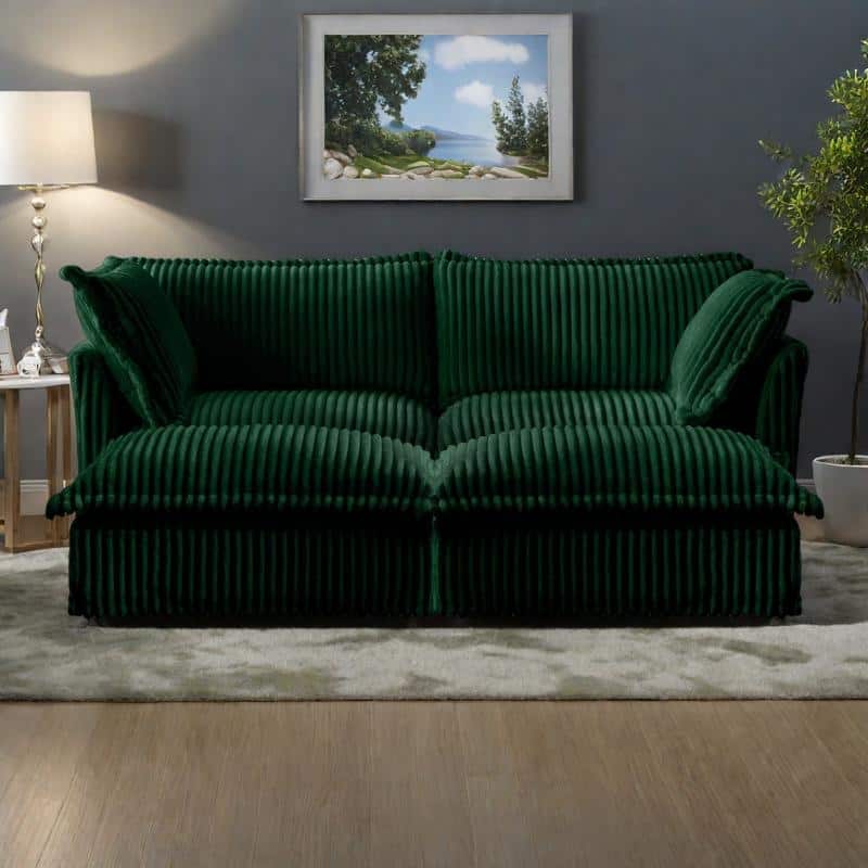 83.4" Corduroy 2-Seater Sofa Set with 2 Ottomans & Sleeper Function and Removable Slipcovers