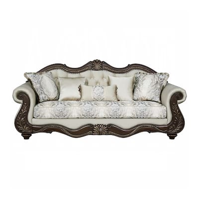 Upholstered Sofa with Button Tufted Back in Beige and Cherry