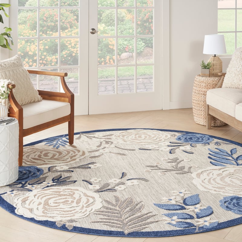 Nourison Aloha Indoor/Outdoor Floral Area Rug - 7'10" x Round - Blue