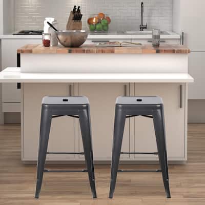 24" Metal Stool Counter Height Square Backless -Set of 2
