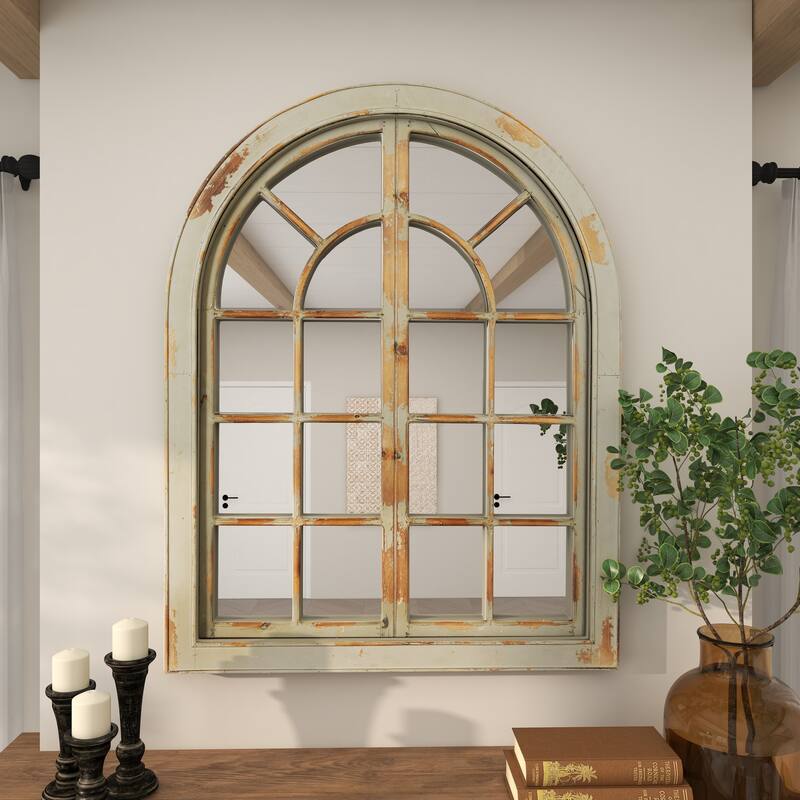Gray Wood Window Pane Inspired Room Wall Mirror with Arched Top and Distressing