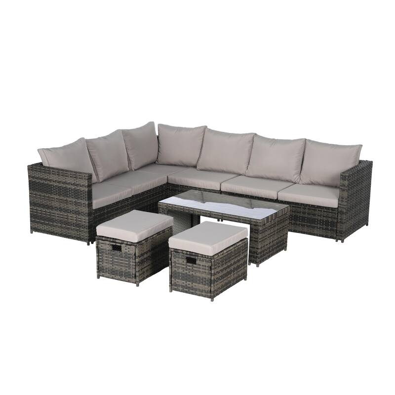 6-Piece Outdoor Patio Rattan Conversation Sectional Sofa Set with Tempered Glass Coffee Table