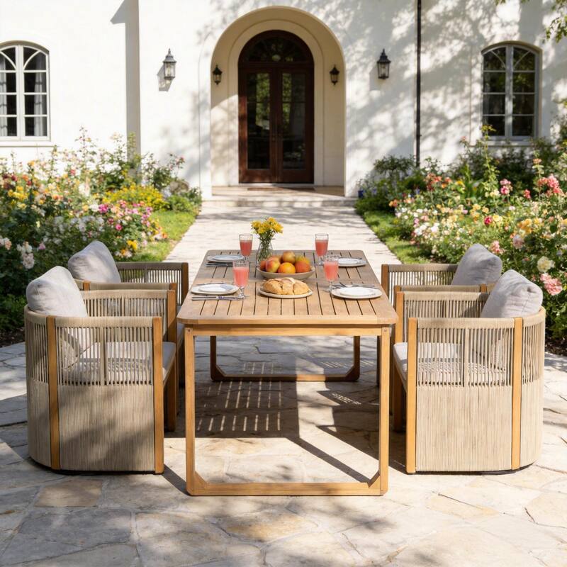 Christopher Knight Home - Ronan Outdoor Acacia Wood Dining Set with Swivel Rope Armchairs & Curved Leg Dining Table, Teak Finish