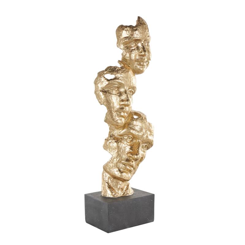 Gold Polystone Stacked Face Cutout Mask Sculpture with Black Block Base