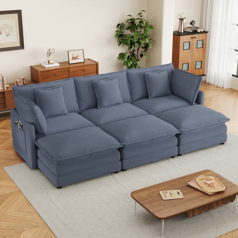 112.6" Corduroy Modular Sectional Sofa with 3 Ottomans