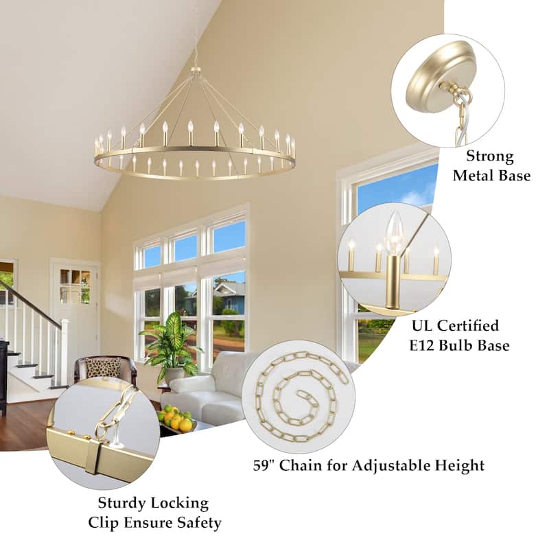 Vyolette 60 in. 30-Light Extra Large Farmhouse Round Wagon Wheel Chandelier, Classic Dining Room Living Room Chandelier