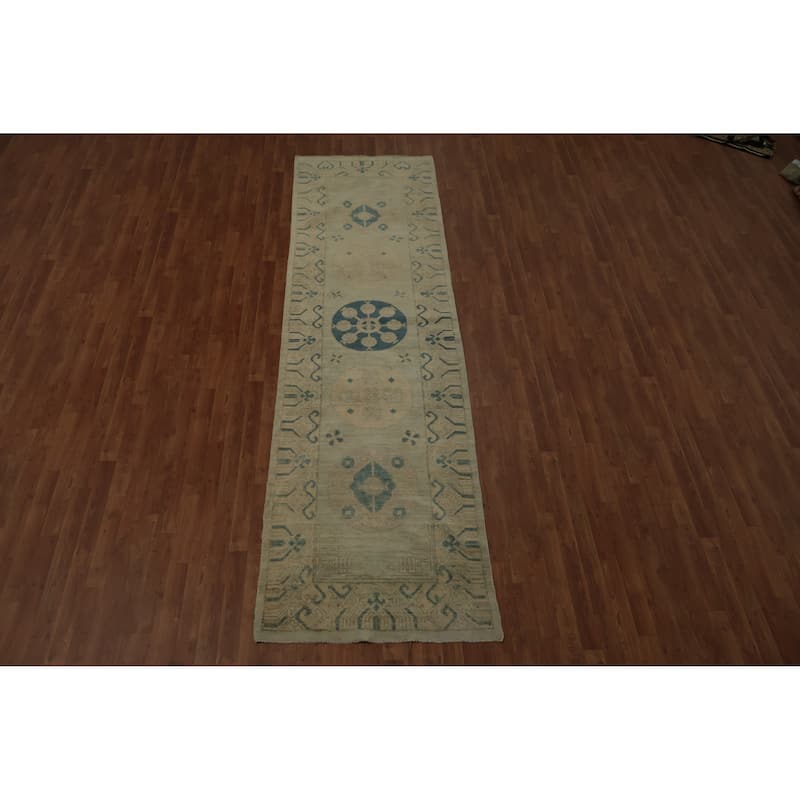 Hand Knotted Oriental 100% Wool Carpet Transitional Geometric Green Khotan Runner Rug - 11' 11'' X 3' 3''