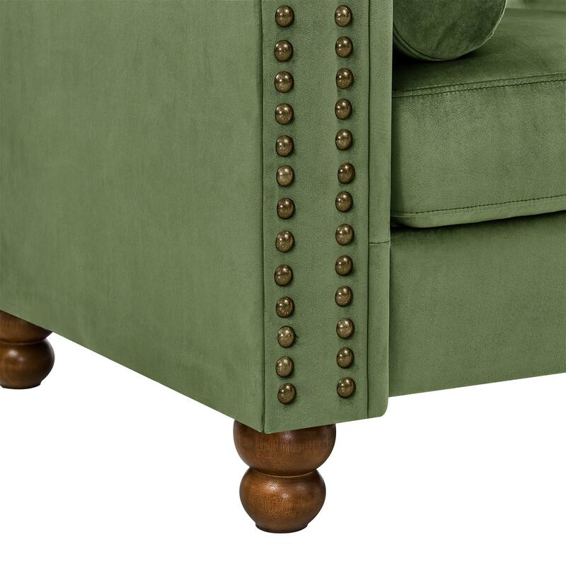 74.5'' Velvet Sofa with Button Tufting, Nailhead Detailing, and Turned Wooden Legs