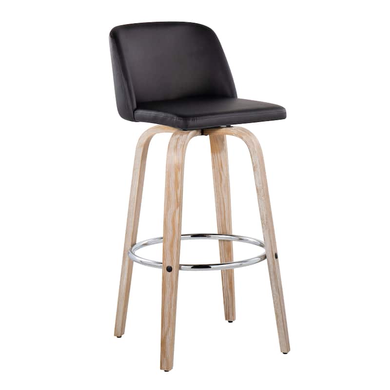 The Gray Barn Vallberga 30" Fixed-Height Bar Stool with White Washed Wood Base (Set of 2) - Black Faux Leather/Chrome Round Footrest