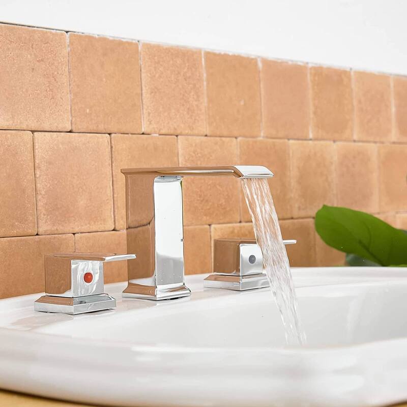 Waterfall Widespread Bathroom Faucet With Drain Assembly 3 Hole Bathroom Sink Faucets Double Handle 8 Inch Basin Vanity Taps