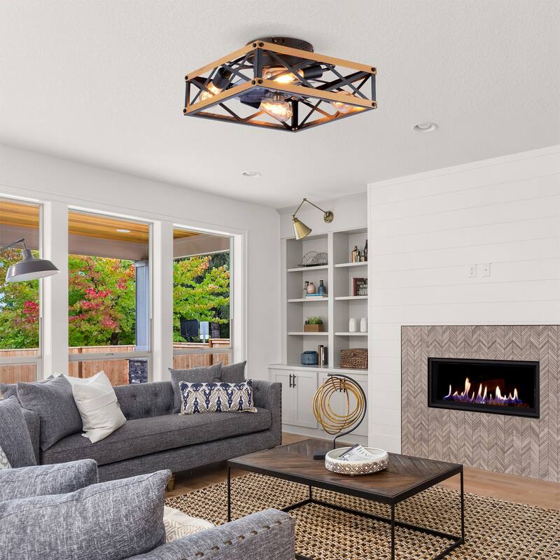 20 inch Flush Mount Ceiling Fan Light with Remote Caged Farmhouse Fandelier Black Wood Low Profile