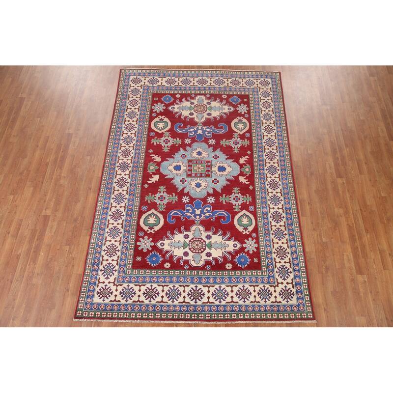 Hand Knotted Oriental 100% Wool Carpet Traditional Geometric Red Kazak Area Rug - 9' 9'' X 6' 6''