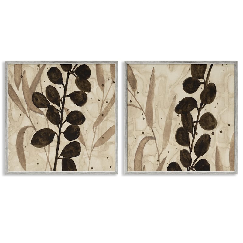 Stupell Natural Tone Sprouting Leaves Framed Giclee Art Design By Krinlox (Set of 2) - 17 x 17 - Grey