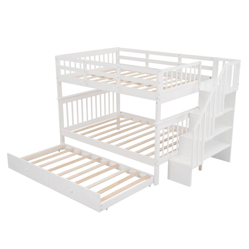 Stairway Full-Over-Full Bunk Bed with 1 Twin Trundle, 4 Open Shelves and Guard Rail