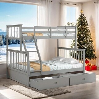 Twin Over Full Bunk Bed with Storage Ladder and Drawers, Cream