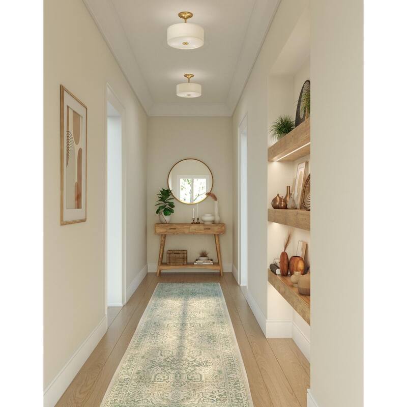 Inspire Collection Two-Light Satin Brass Summer Linen Shade New Traditional Semi-Flush Light - 13 in x 13 in x 10.125 in