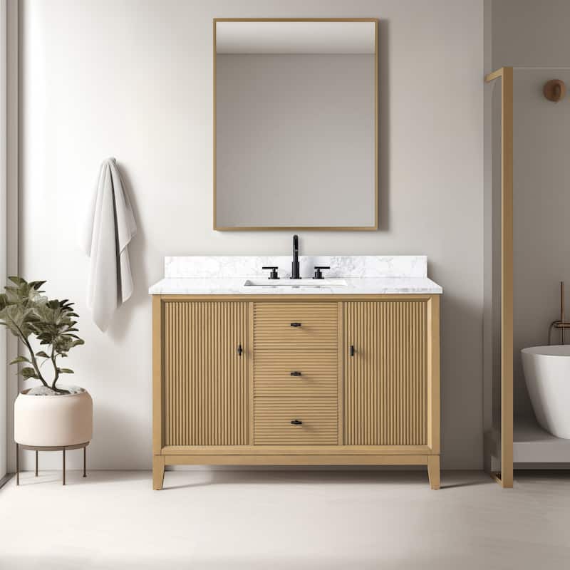 Vanity Art 48" Freestanding Bathroom Vanity with Engineered Marble Top and Sink - 48"/Matte Black - Natural Oak
