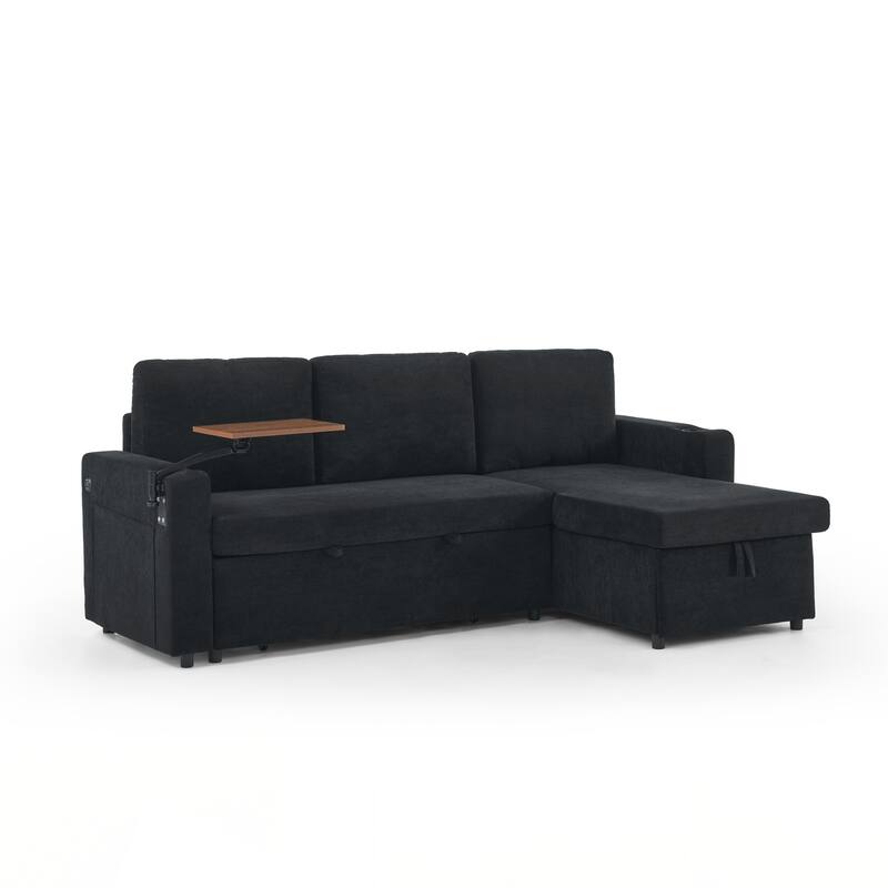 Modern Chenille Multi-functional Pull-Out Bed Sofa with Retractable Table and LED Lighting