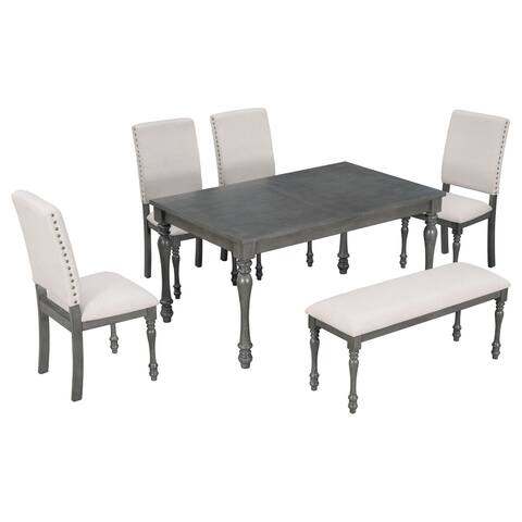 6-Piece Wood Dining Set with 4 Upholstered Chairs&Table&Bench for Dining Room for Small House Apartment Dining Room