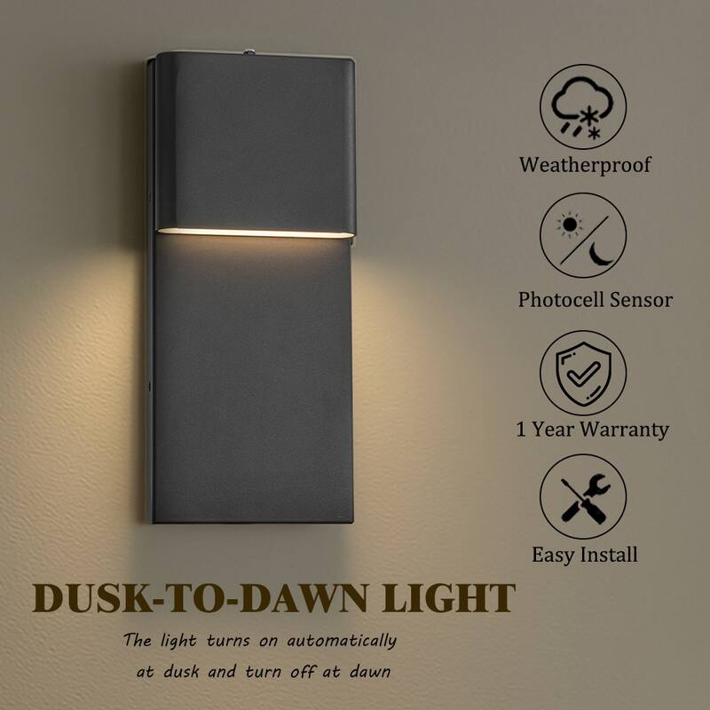 1-Light H13/15 in Modern Simple Sqaure 10W/13W Integrated LED Outdoor Wall Sconce with Dusk to Dawn Sensor in Matte Black
