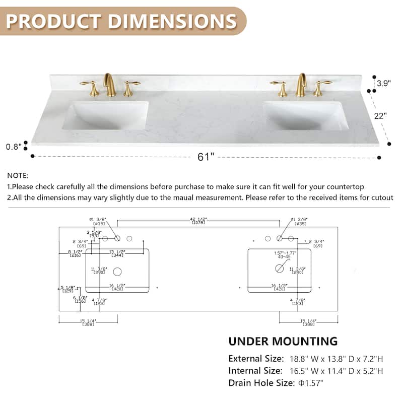 Altair Ceres Engineered Stone Vanity Top in Grain White Without Cabinet