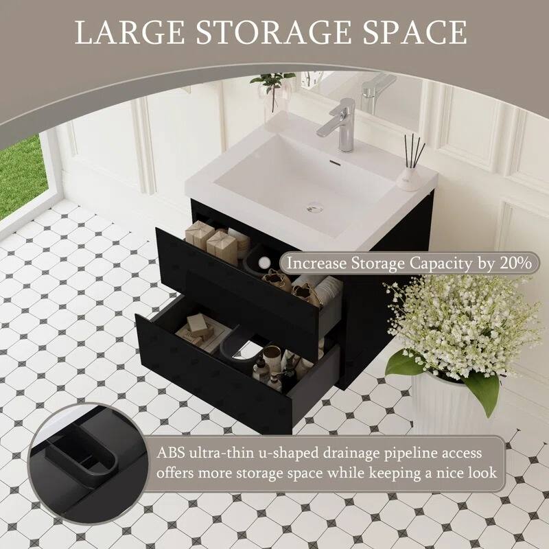 ABRUZZO 24" Floating Single Bathroom Vanity Wall-Mounted with Integrated Resin Top Basin 2 Soft Close Drawers Full Assembly