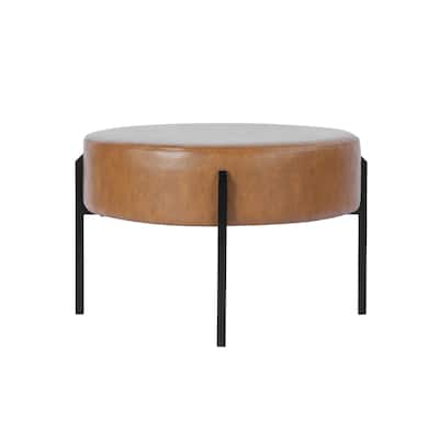Joe Round Ottoman Footstool, Black Metal, Brown Faux Leather 28 Inch