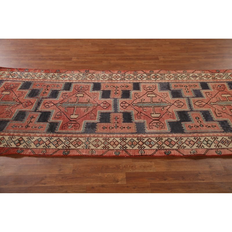 Geometric Pink Ardebil Persian Vintage Runner Rug Handmade Wool Carpet - 3'9"x 10'0"