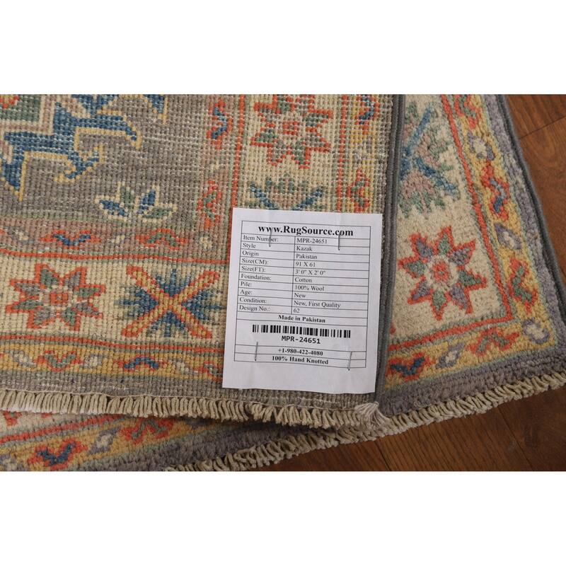 Gray Geometric Kazak Oriental Rug Handmade Wool Carpet - 2'0" x 3'0"
