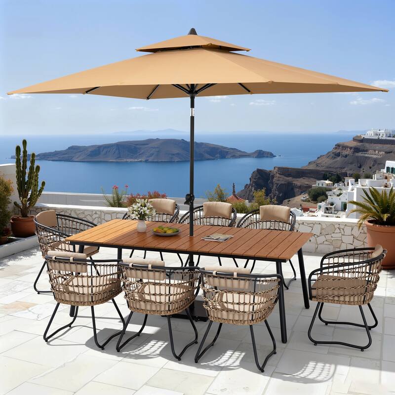 11PC Outdoor Patio Dining Set WoodLike Aluminum Umbrella Hole Table with Rattan Chairs,Double Top Market Umbrella and Wheel Base - BrownTable&BeigeChairs