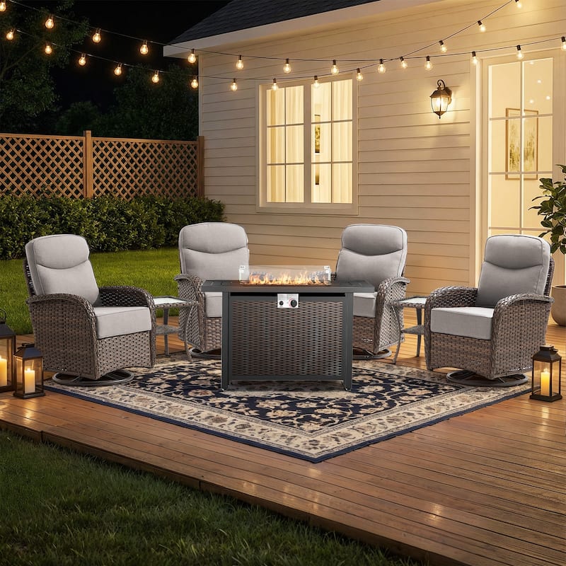 Pocassy Outdoor Sofa Swivel Chair and Ottman with 43in Fire Pit Table - Brown Wicker Beige Cushion - 7-Piece Swivel Chiar with Fire Table