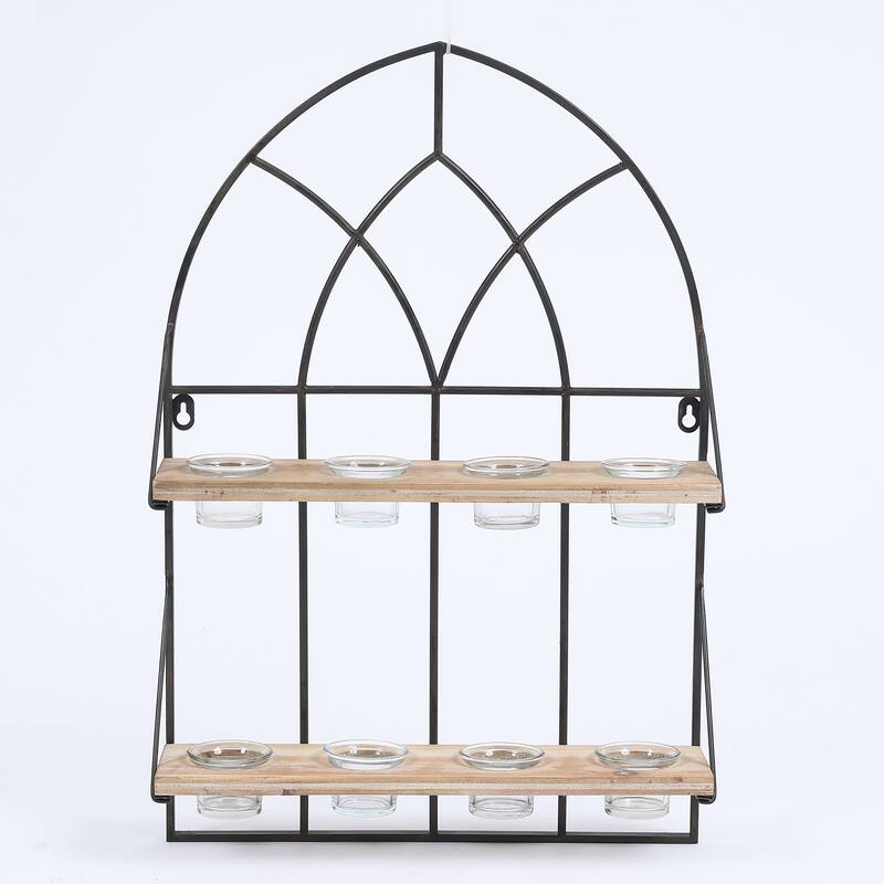 Brown and Black Cathedral Iron Window with 8 Tealight Holders Wall Sconce