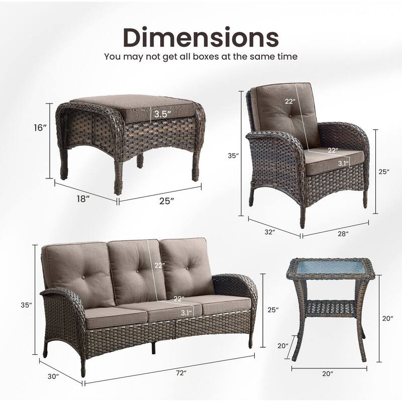 Gymojoy 6-Piece Outdoor Wicker Patio Furniture with 3 Seat Sofa, Rattan Coversation Set with Water Resistant Cushions