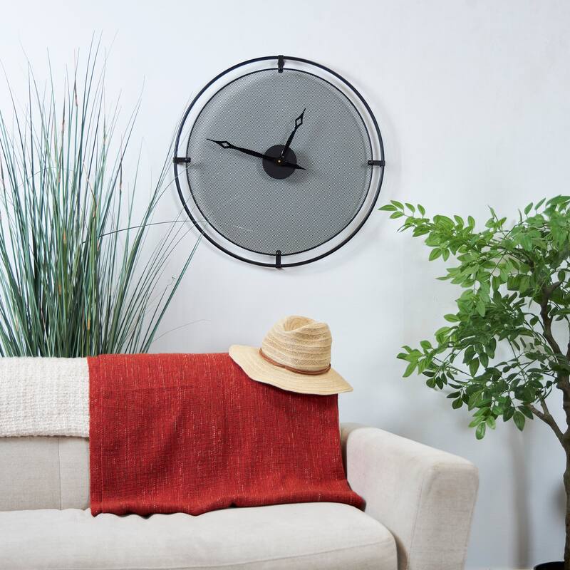Black Metal Minimalistic Decorative Wall Clock with Mesh Backing - Black