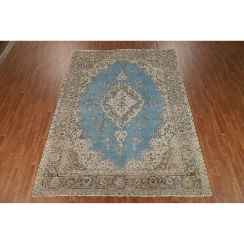 Blue Traditional Tabriz Persian Vintage Rug Hand-Knotted Wool Carpet - 7'10" x 10'10"