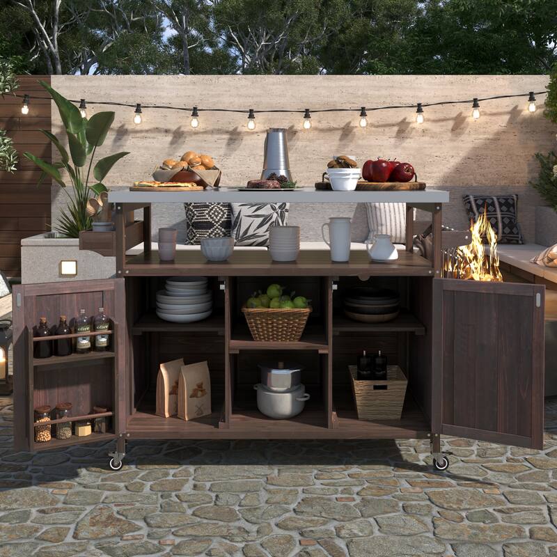 Chichoice Farmhouse Outdoor Kitchen Island with Stainless Steel Top on Wheels - Rolling Grill Cart with Storage for BBQ - N/A