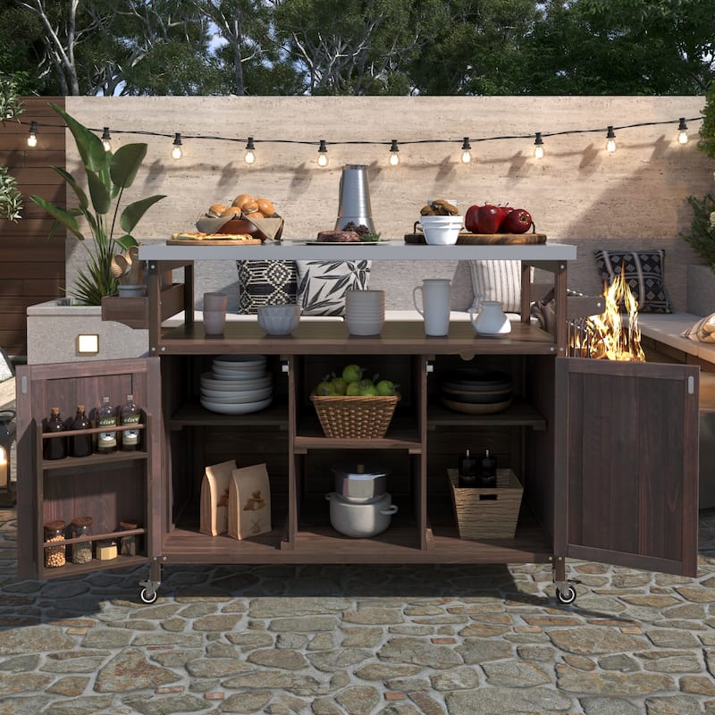 Farmhouse Outdoor Kitchen Island, Rolling Bar Cart & Storage Cabinet with Stainless Steel Top, Spice Rack & Towel Rack