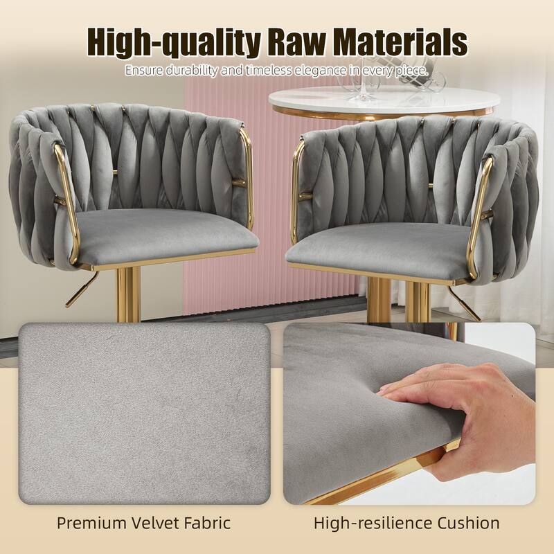 Velvet Upholstered Swivel Adjustable Height Bar Stools With Metal Footrest（set of 2）