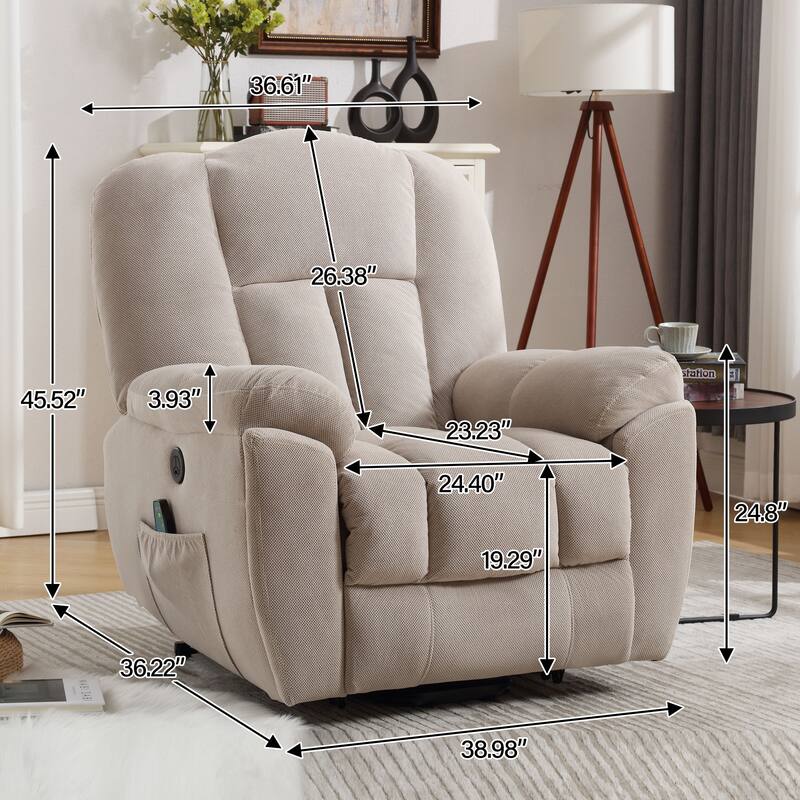 Grey Electric Power Lift Recliner Chair featuring Heat, Massage, Infinite Positions, USB Charging, and Side Storage