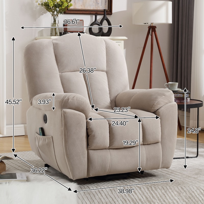 Grey Lift Recliner for Seniors with Heated Massage, USB Port, Side Pockets, and Durable Fabric Upholstery