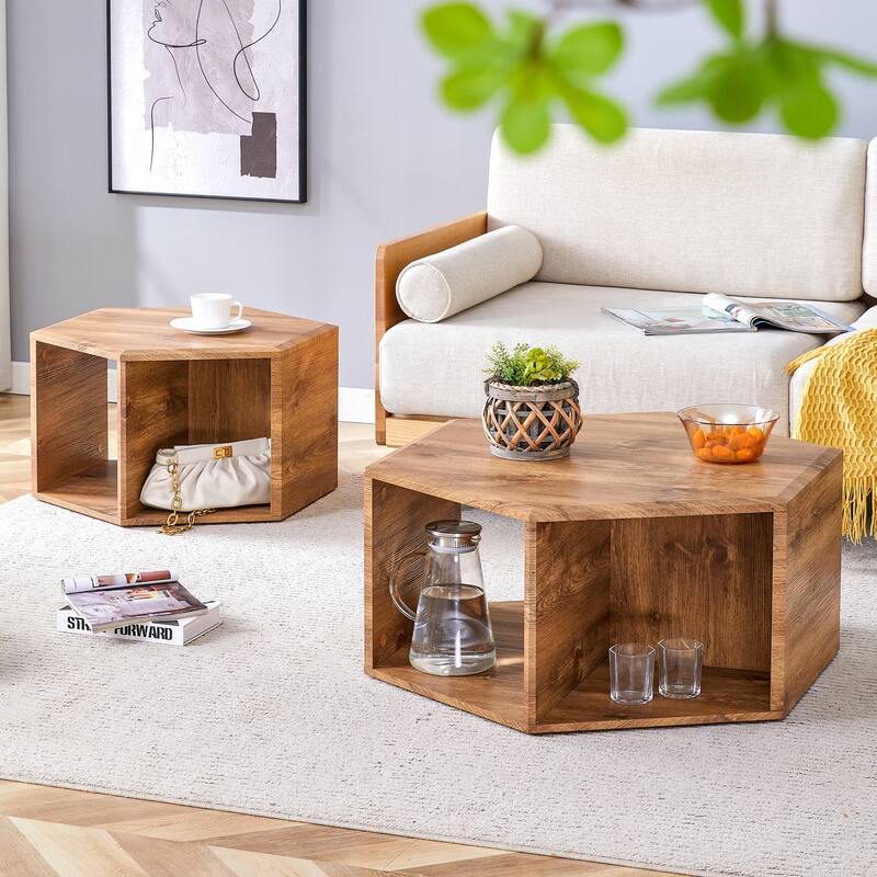 Modern 2-piece Hexagonal Coffee Table Set with Multifunctional Storage Space for Living Room