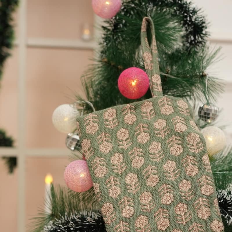 Fabdivine Handmade Linen Floral Block Print Christmas Stocking Home Décor Perfect for Gift - 10"X4.5"