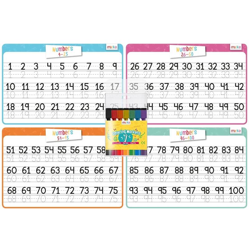 Merka 4 Pack Educational Placemats for Kids with 7 Dry Erase Markers, Numbers 1-100