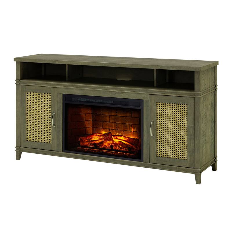 Pleasant Hearth Tahoe 60 in. ITV Stand with Electric Fireplace Grey Finish with Wicker Doors - 60"